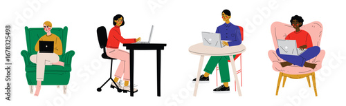 Freelance Work with Man and Woman Character at Remote Workspace Vector Set