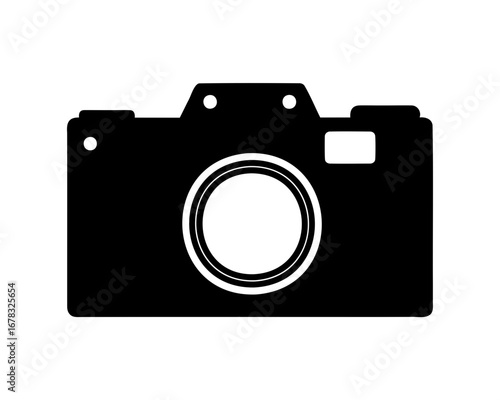 Black and white minimalist illustration of a single lens reflex camera design