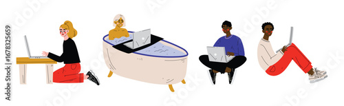 Freelance Work with Man and Woman Character at Remote Workspace Vector Set
