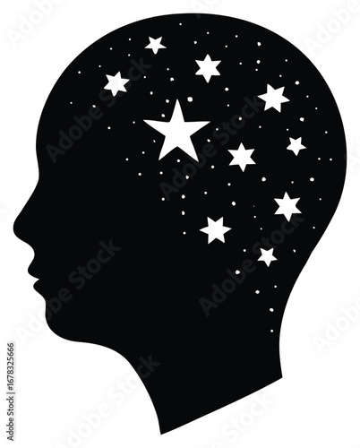 Human head silhouette filled with stars representing dreams and ideas