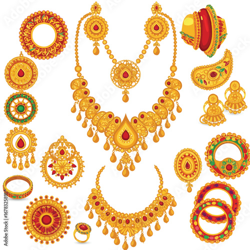 Traditional Indian jewelry for Sharad Navratri is beautifully depicted in this vibrant 2D flat vector illustration, showcasing ornate cultural pieces isolated on a clean white background.