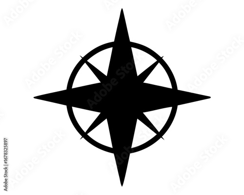 Simple black compass rose with eight points on white background illustration