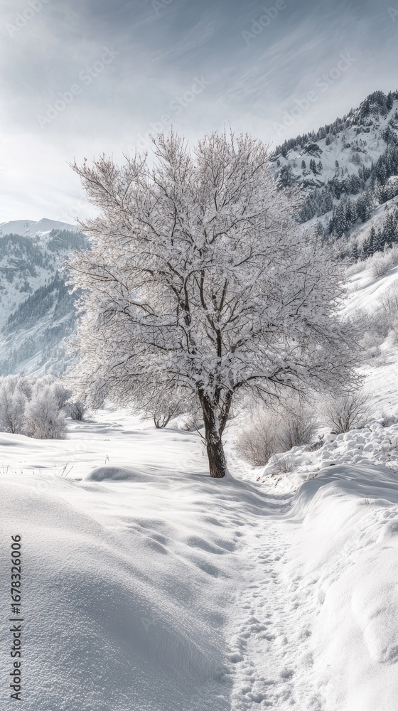 Obraz premium Snowy tree path in mountains