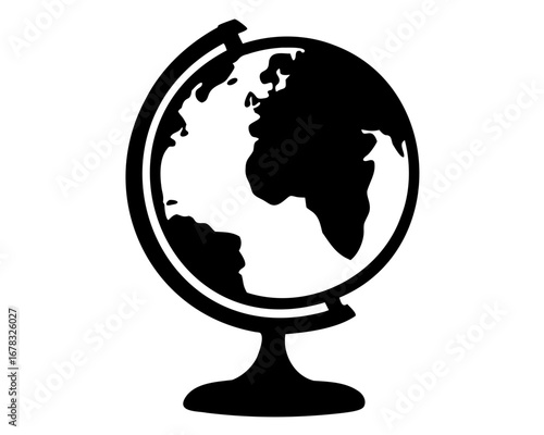 Stylized depiction of a world globe on a stand showcasing major continents