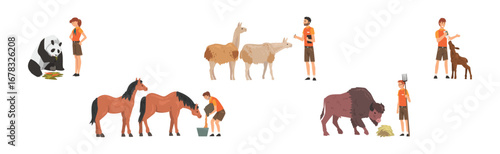 Man and Woman Zookeeper Engaged in Daily Care of Animal Vector Set