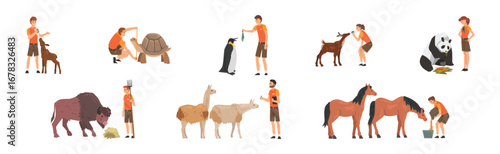 Man and Woman Zookeeper Engaged in Daily Care of Animal Vector Set