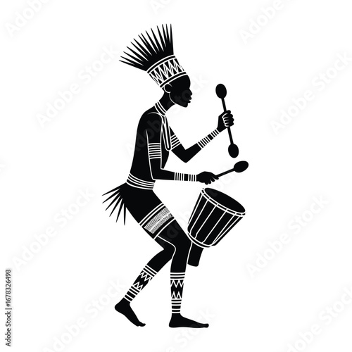 African tribal drummer playing with sticks percussion music