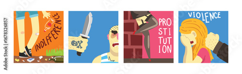 Social Problems Banner with Demonstration Picture Vector Set
