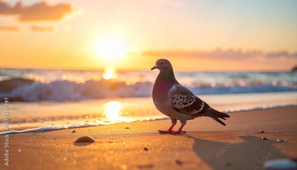 Fototapeta premium Pigeon Standing on Sandy Beach at Sunset with Ocean Waves