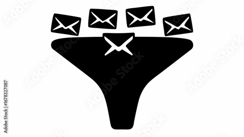 Black funnel with five envelopes above it representing email filtering and sorting process diagram icon silhouette