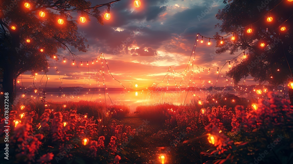Fototapeta premium Magical evening outdoor scene with fairy lights high resolution picture