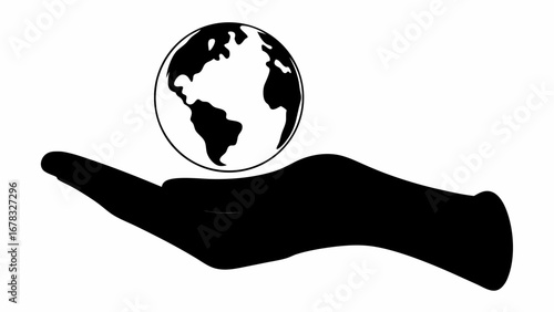 A stylized black and white image of a hand holding a globe representing the earth on a white background silhouette