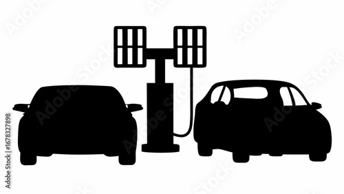 Two cars parked at an electric vehicle charging station with a visible charging cable and station grid design silhouette