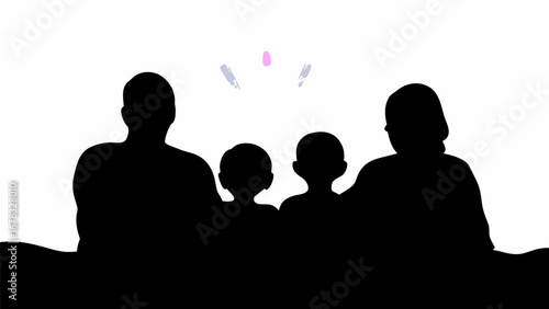 Silhouette illustration of a family with two parents and two children under a decorative element on white