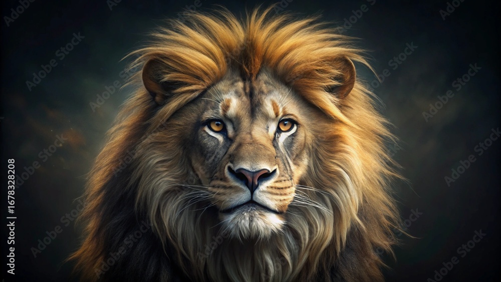 Fototapeta premium A striking portrait of a male lion, the king of the jungle, with a wild mane and dangerous, feline face