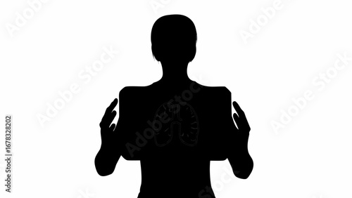 Silhouette of a person holding a lung x ray image in front of their chest in a black and white setting