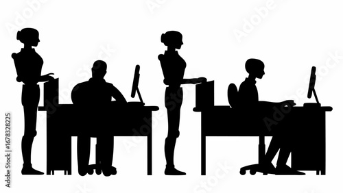 Silhouettes of people working at desks in an office environment with standing and sitting positions