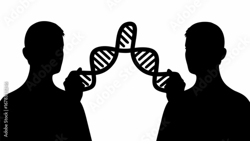 Two silhouettes holding a dna strand in a black and white illustration representing genetics research