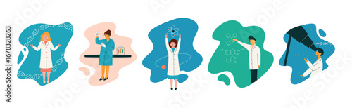 Scientist People Character Do Research in Laboratory Vector Set