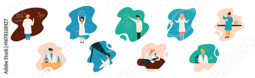 Scientist People Character Do Research in Laboratory Vector Set
