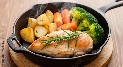 Hearty skillet meal with chicken broccoli and potatoes perfect for outdoor adventures and camping trips
