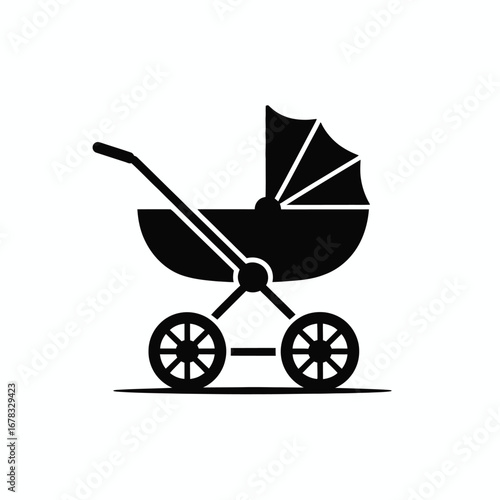 Black baby carriage icon with canopy and wheels stroller white