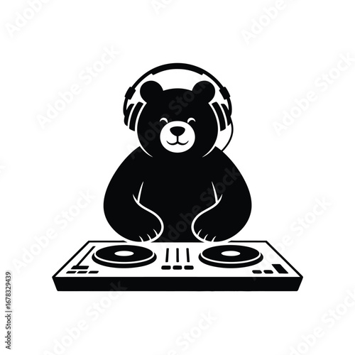 Black bear dj with headphones playing music turntables