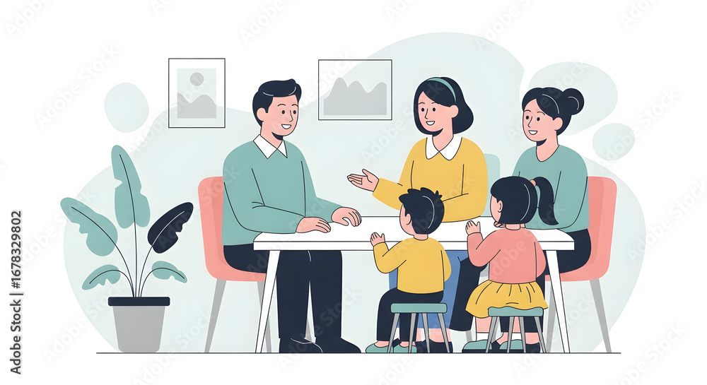 Fototapeta premium A modern illustration of a diverse family enjoying a meal together around a dining table