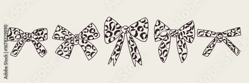 Leopard Bow Pattern Print Animal Sketch Set. Cute Ribbon Graphic Collection. Hand Drawn Vector Design Clipart