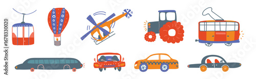 Cute City Transport and Urban Traffic Vector Set