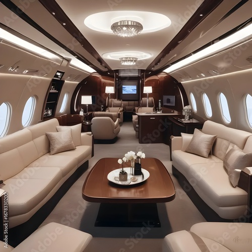 Luxurious Private Jet Interior with Comfortable Seating and Elegant Lighting