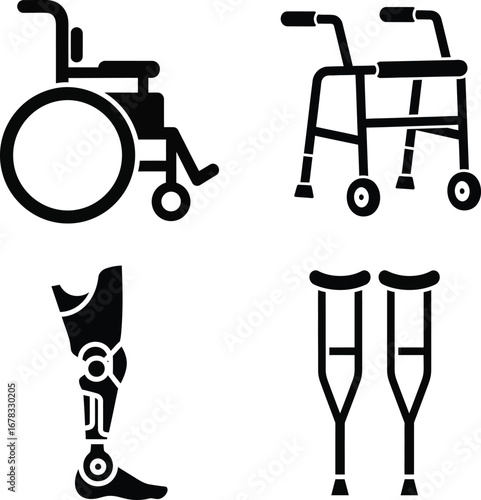 Assistive mobility devices: wheelchair, walker, prosthetic leg, crutches.