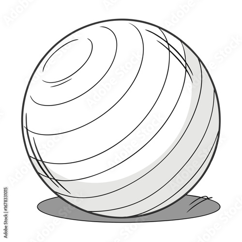 A simple hand drawn illustration of a white exercise ball with black curved lines and a gray shadow