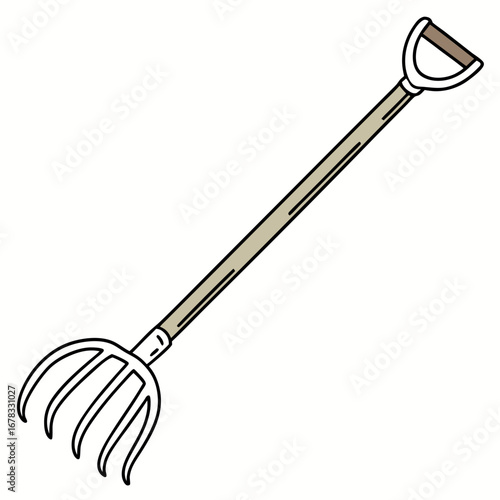 A simple cartoon illustration of a garden pitchfork with a d shaped handle on a white background