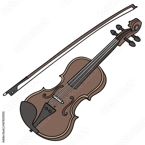 A simple illustration of a brown violin and its bow isolated on a white background