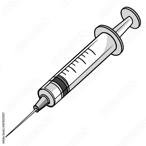 A simple black and white illustration of a medical syringe with a sharp needle and measurement markings
