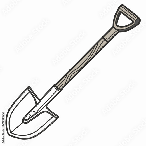 A simple illustration of a garden spade with a wooden handle and a metal blade on a white background