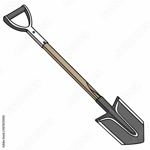 A simple illustration of a d handle spade with a wooden shaft and metal blade on a white background