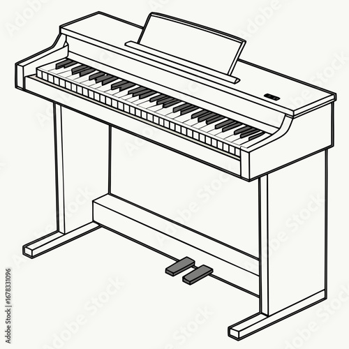 A simple line drawing illustration of an upright digital piano with pedals and a music stand