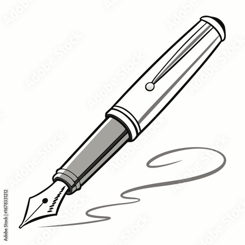Classic fountain pen with a silver clip and nib writing a swirl on a white background