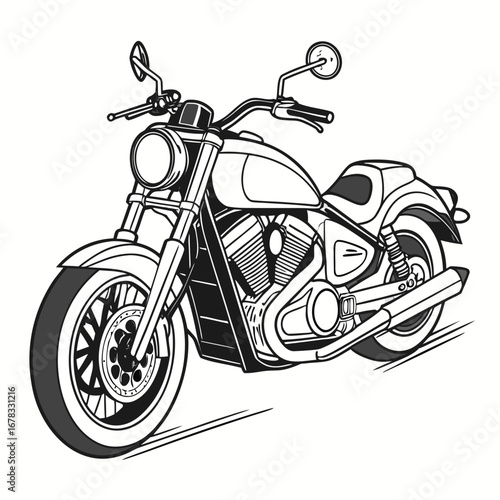 Classic cruiser motorcycle with detailed engine and chrome exhaust pipes in black and white