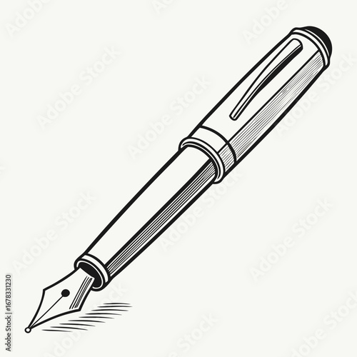 Classic fountain pen with nib and clip detailed outline drawing on white background