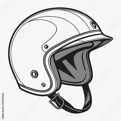 Classic open face motorcycle helmet with chin strap and visor in a clean line art style