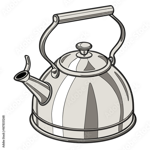 Classic silver whistling kettle with a curved handle and spout on a white background