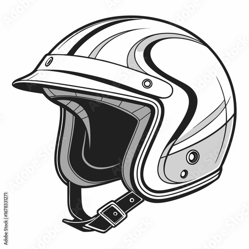 Classic retro motorcycle helmet with visor and chin strap in a stylish black and white illustration