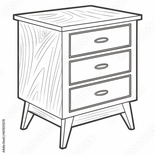 Clean line art illustration of a mid century modern three drawer nightstand with tapered legs