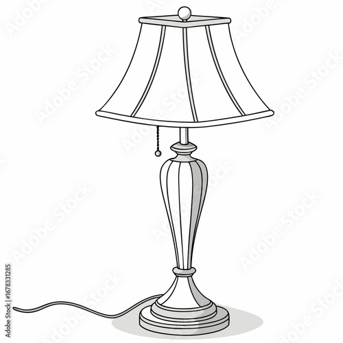 Classic table lamp with a decorative base and pull chain rendered in a simple line art style