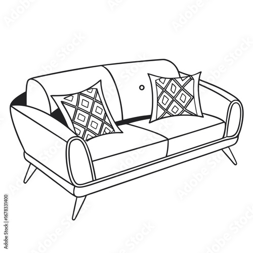 Elegant mid century modern sofa with decorative geometric patterned cushions in a clean line art illustration