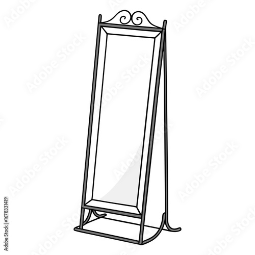 Elegant standing mirror with ornate scrollwork on a metal frame and a simple base