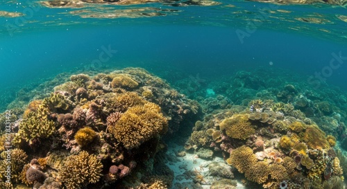 Wallpaper Mural Underwater view of a vibrant coral reef with clear blue water above, showcasing diverse marine life and formations. Torontodigital.ca